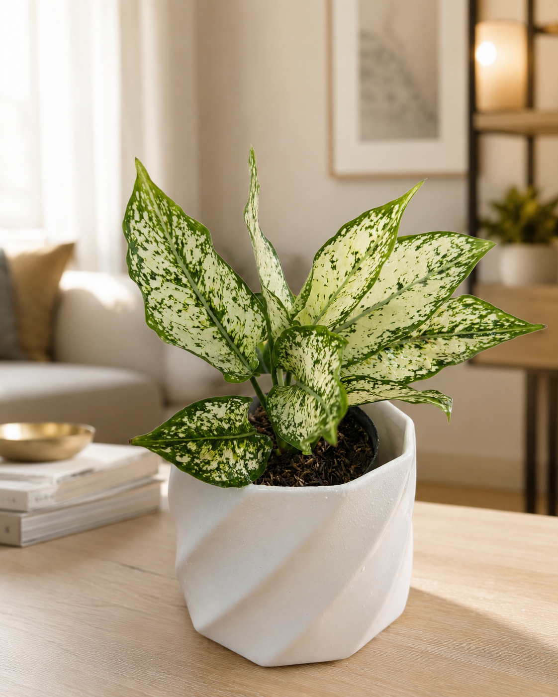 Aglaonema Perdiz Blanca planta de interior en maceta blanca - Vivero Selva Verde Colombia