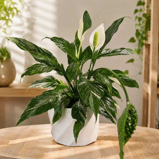 Espatifilo Variegado con flor blanca en maceta blanca - Vivero Selva Verde Colombia