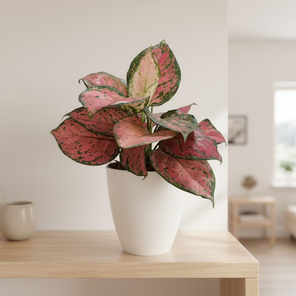 Aglaonema Fuego con matera cónica blanca - vista 2